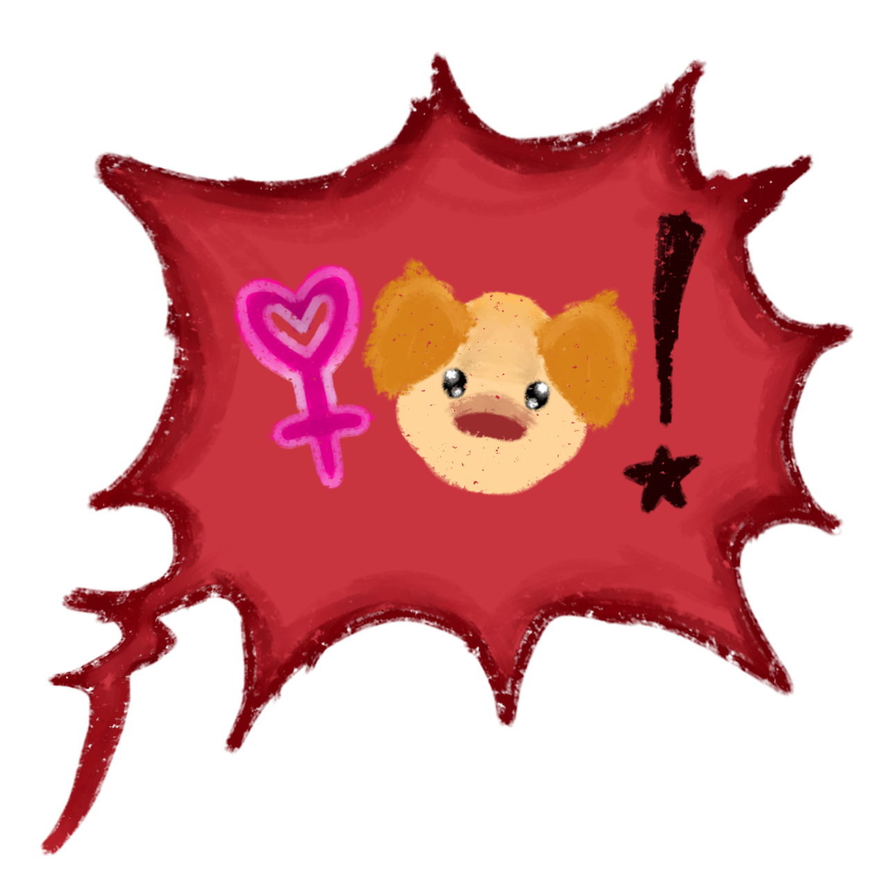 a red speech bubble with a cute cartoon dog face, a pink female symbol, and an exclamation point.